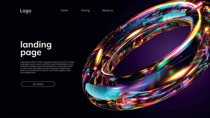 landing page template with bright fluid holographic infinity ring torus - obrazy, fototapety, plakaty