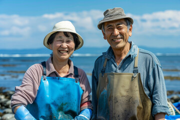 Happy Senior Couple in Work Aprons by the Seashore