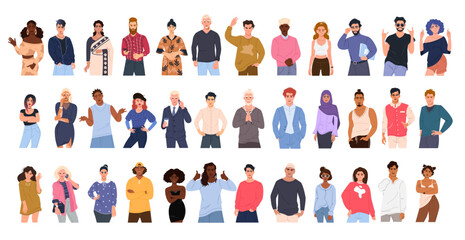 A large vector set of male and female multiracial characters in different poses