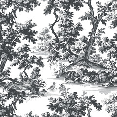 Hand Drawn Pattern With Vintage Kitchen Toile de Jouy 07