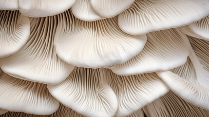 Beautiful texture and pattern on underside gills of farmed white oyster mushroom. - obrazy, fototapety, plakaty