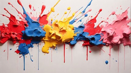 splashes of pink, red, blue and yellow paints on a silver background