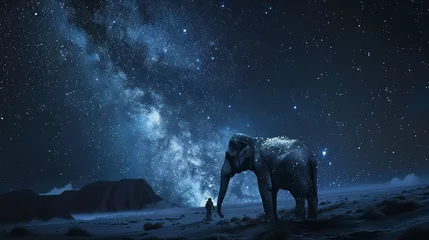 Foto op Plexiglas Space elephant and astronaut under the Milky Way, night, starlit sky, aerial view, tranquil © Samaphon