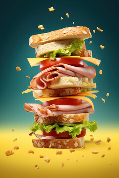 Big Sandwich Stack with ham, lettuce, tomato and cheese on vibrant background. Ai Generative