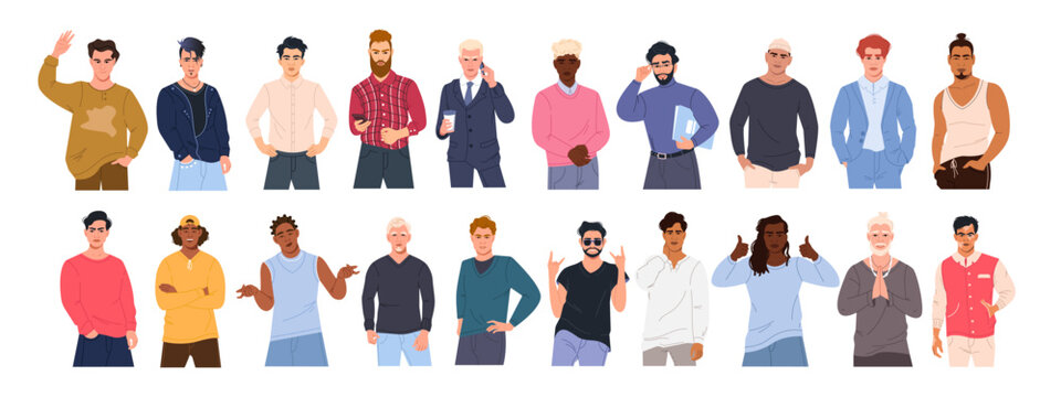 Vector collection of male characters in different poses on a white background