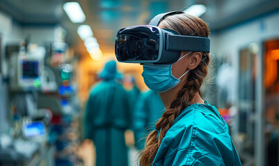 Fototapeta na wymiar Healthcare professional donning virtual reality headset, immersed in simulated surgical environment, VR technology for medical training preparation, surgeons practice complex procedures risk-free