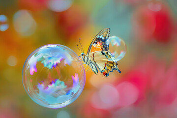 Abstract colorful butterfly landing on a soap bubble.