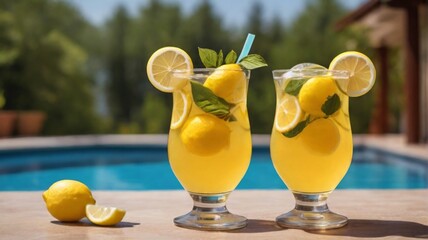 two summer cocktails with lemon on the background of the pool - 774072551