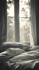 A bed with pillows and blankets in front of a window, AI