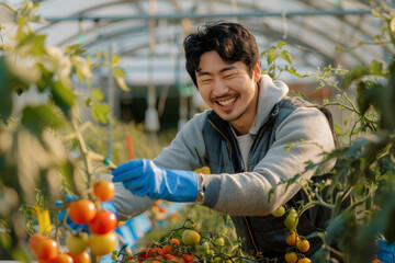 Smiling Asian Man Harvesting Fresh Tomatoes in Greenhouse