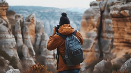 A man standing on the rocks, holding camera shooting photography. - obrazy, fototapety, plakaty