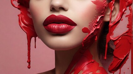 Women with red lips with red paint spilled on them. - 774072790