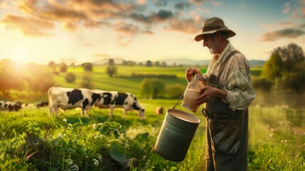 Using a big milk container pot, the farmer is working on an organic farm with dairy cows. Model is a real farm worker! - obrazy, fototapety, plakaty