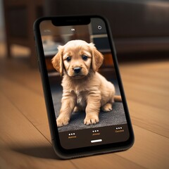Cute Golden Retriever puppy sitting on a smartphone screen.