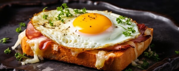 Sandwich with fried eggs and ham on dark stone table, banner food concept. Generative Ai.