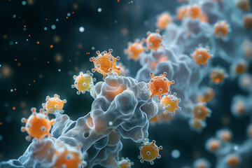 3D render of COVID-19 virus cells floating in microscopic view