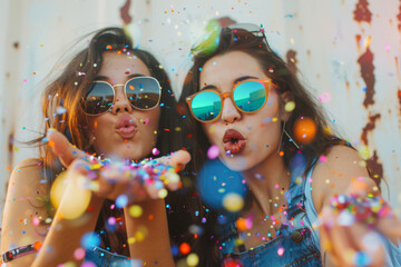 Colorful Celebration: Playful Friends Blowing Confetti in Summer - obrazy, fototapety, plakaty