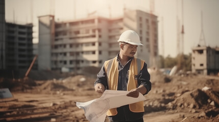 engineer or architect working on construction site with blueprints in hand