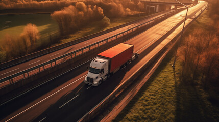 Truck with cargo on the highway at sunset. 3d rendering