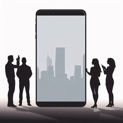 Silhouette of a group of people with a smartphone. Vector illustration