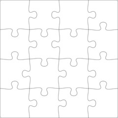 Puzzles grid template. Jigsaw puzzle pieces, thinking game and jigsaws detail frame design. Business assemble metaphor or puzzles game challenge vector.