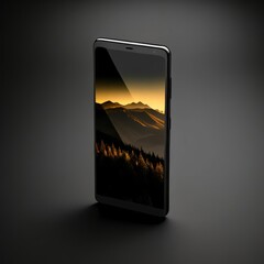 Smart phone with mountains on screen isolated on black background. 3d illustration
