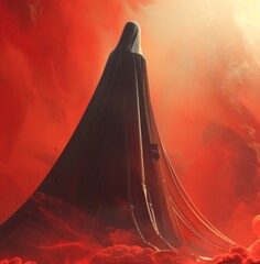 A woman in a long black robe stands on a red mountain