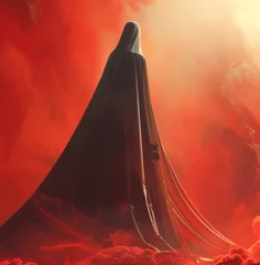 Gordijnen A woman in a long black robe stands on a red mountain © hakule