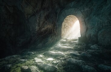 Cave with an open stone in front of the entrance, light coming through the entrance, a biblical scene, the resurrection of Christ