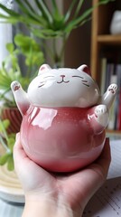 A hand holding a cat figurine with a smiling face