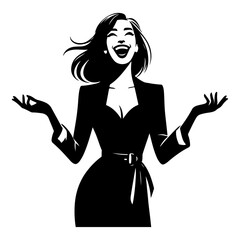 A excited positive lady with dressed vector silhouette, Black color silhouette, isolated white background 23