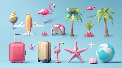 3D realistic render modern icon set of summer items, including an inflatable ball, an airplane, sunglasses, starfish, a suitcase, a flamingo, palm trees, ice cream and palm trees. - obrazy, fototapety, plakaty