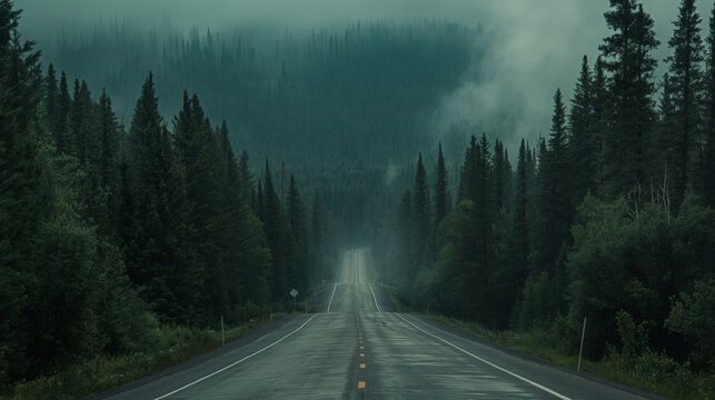 A Long Empty Straight Road Leading Into A Misty Forest, With Trees On Both Sides