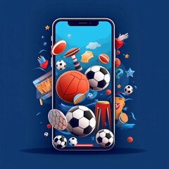 Smartphone with soccer, football, basketball, soccer balls and other sport objects. Vector illustration - obrazy, fototapety, plakaty
