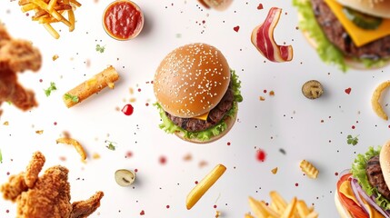 Abstract fast food mock up and template design featuring floating burgers, steaks, French fries, chicken sticks, fried chicken, and hot dogs.