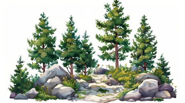 Cutout trees on white background. Forestscape with trees and bushes among the rocks. Tree line landscape summer.