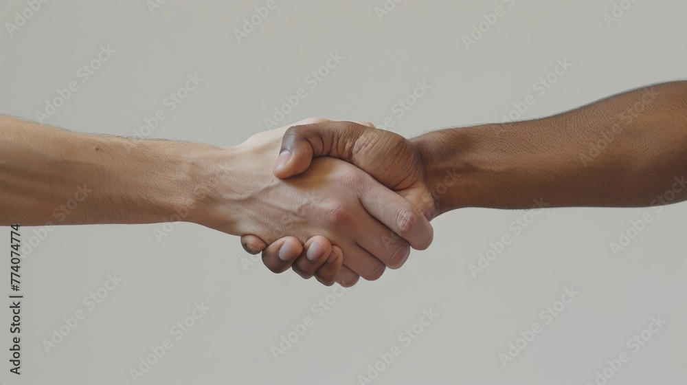 Poster two men shaking hands on a white background. athletes shaking hands before a competition. unity and 