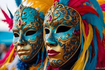 Vibrant masks covering people's faces at a carnival create a happy, festive, and enigmatic atmosphere. masks feature elaborate patterns that give a touch of refinement to vibrant... See More