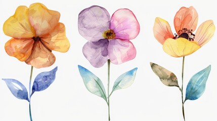 Flower design elements isolated on white background in modern watercolor style.
