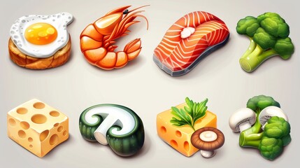 3D modern cartoon icon set of food simple objects. Shrimp, meat steak, salmon slice, fried egg, cheese, bread, mushroom, broccoli.