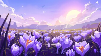  A minimalistic scene captures the beauty of a crocus field under the spring sun..jpeg - obrazy, fototapety, plakaty