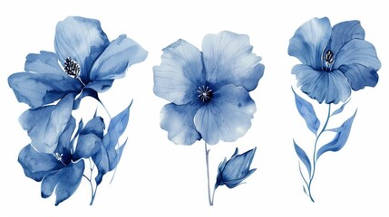 On a white background, a set of blue flowers can be seen