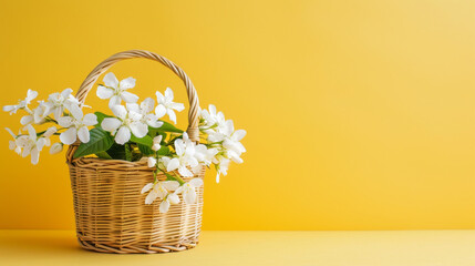 Fresh White Jasmine Flowers in a Wicker Basket on Yellow Background