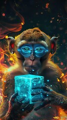 The monkey is magical. A monkey with glasses holds a magic cube. Monkey and magic