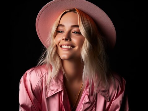 A woman wearing a pink hat and a pink shirt is smiling