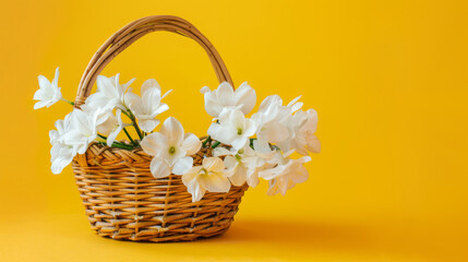 Fototapeta na wymiar Serene White Flowers in Wicker Basket on Vibrant Yellow Background