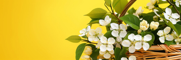 Springtime Bloom: Wicker Basket with Fresh White Flowers on Yellow Background - obrazy, fototapety, plakaty