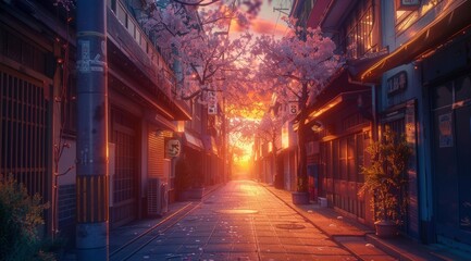 Fototapeta na wymiar Lo-Fi Aesthetic Tokyo Japan Alley at sunset