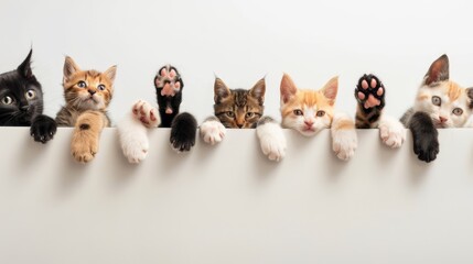 A row of cats and dogs hanging their paws over a white banner. Ideal for social media timelines