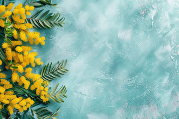 Yellow Mimosa Flowers on Textured Blue Background for Springtime